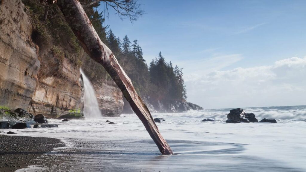 The view of the waterfall at Mystic Beach in Juan de Fuca Provincial Park